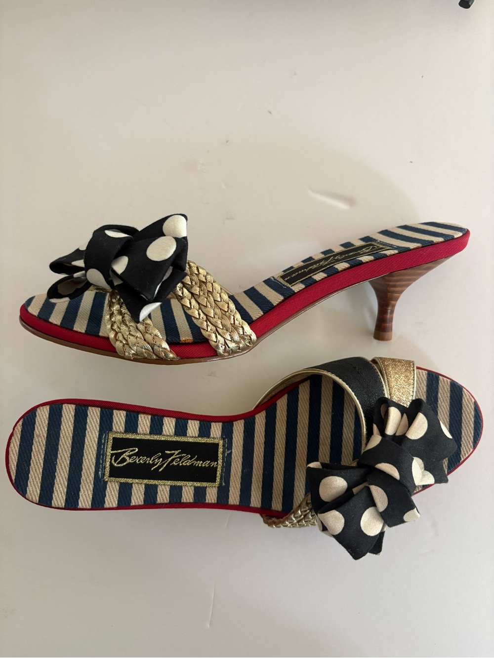 Beverly Feldman Gold Braided and Black Polka Dot Bow Slide Mules